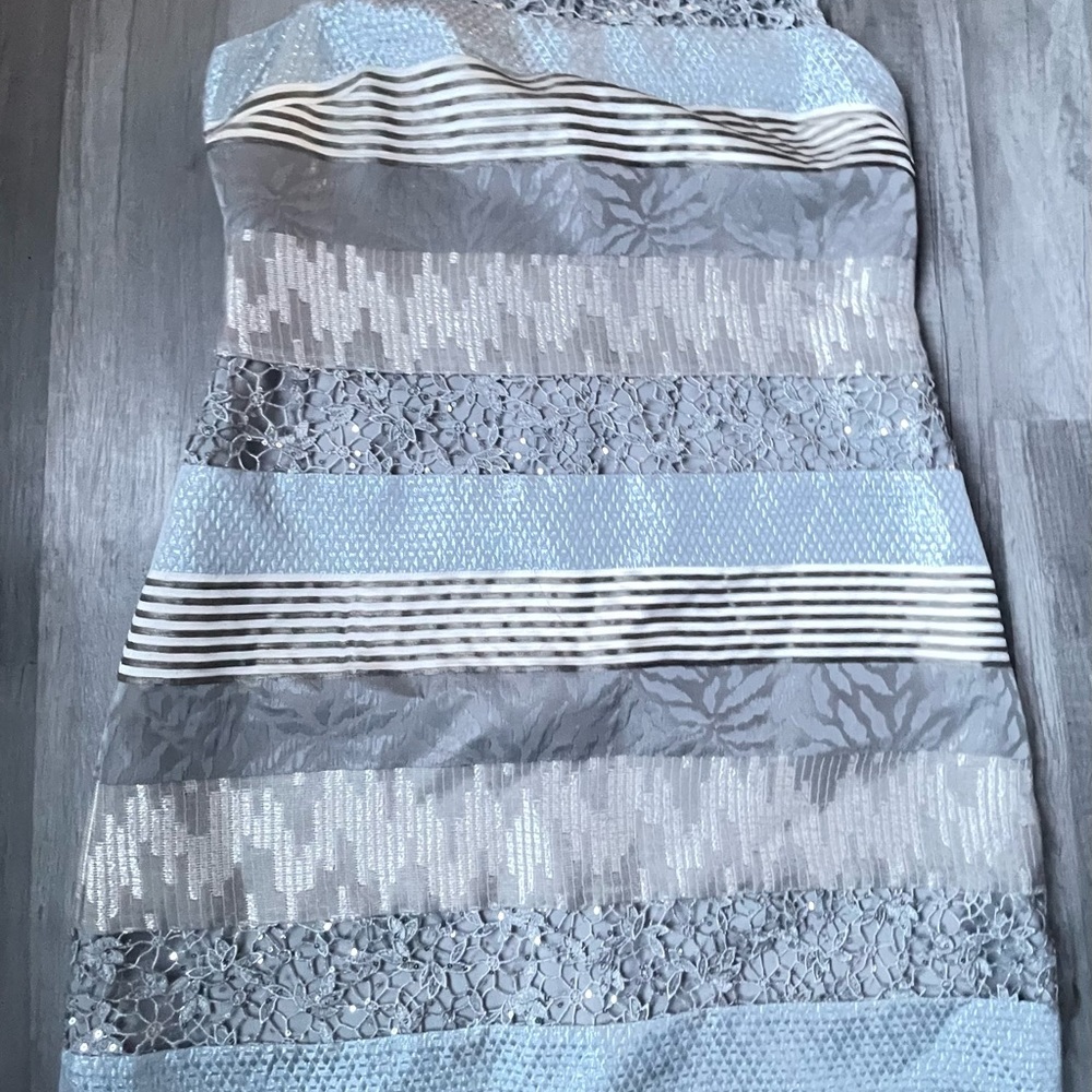 Kay Unger Blue and Gray Midi Dress